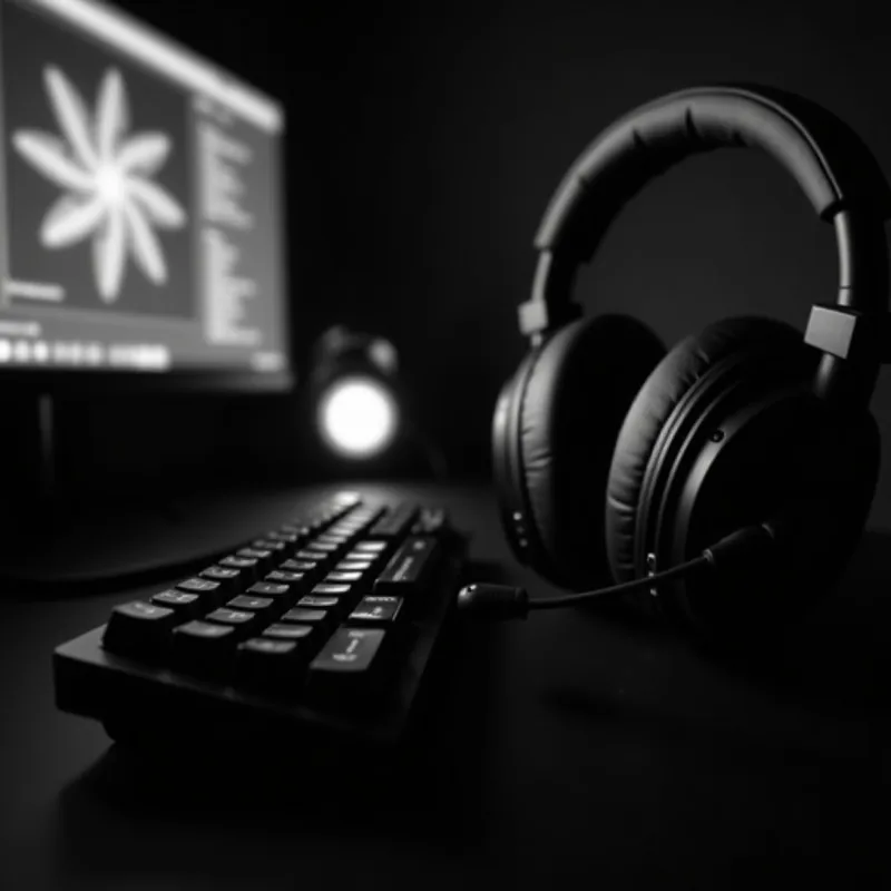 Teclado e auscultadores numa secretária de jogos