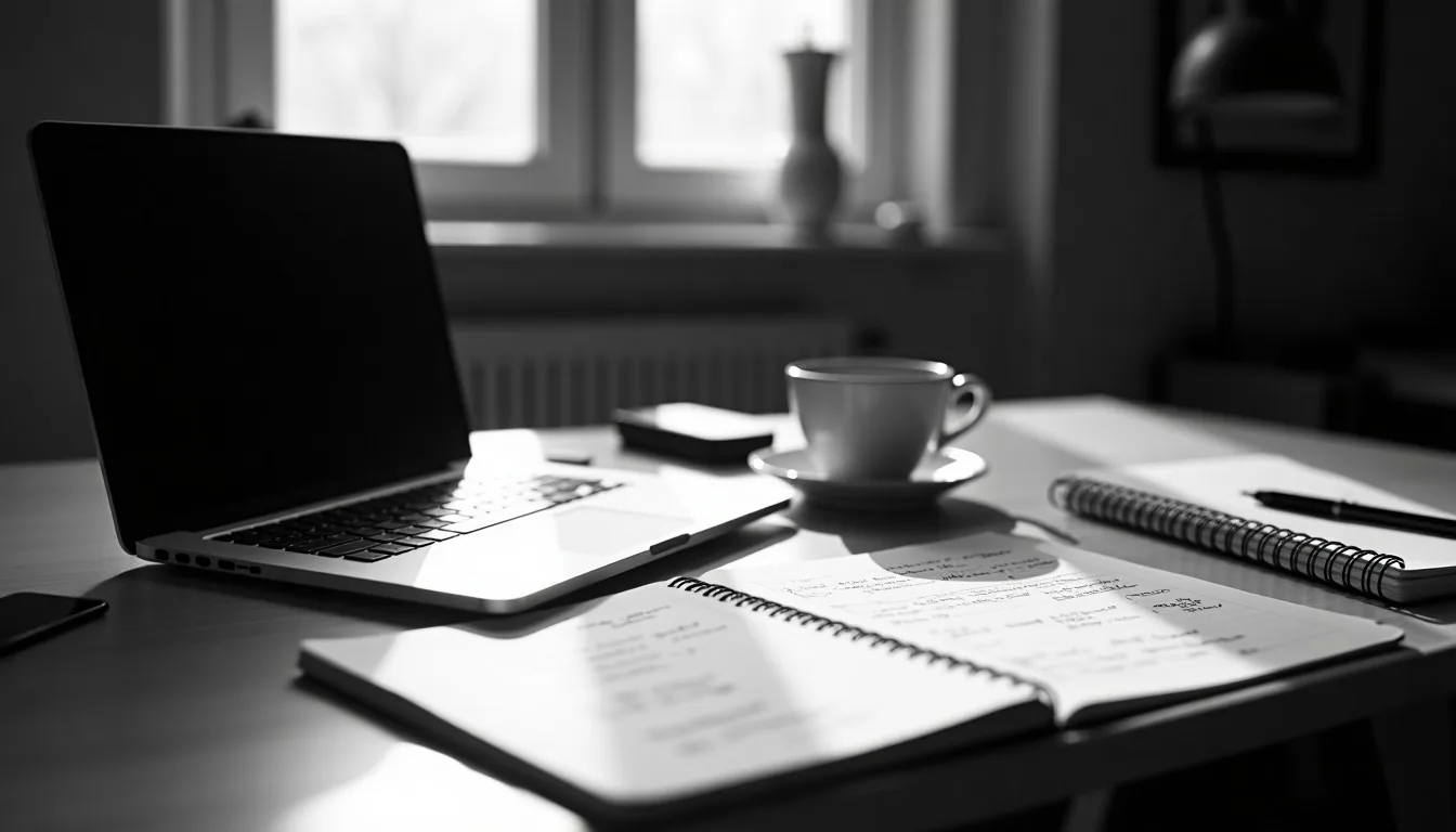 Secretária de trabalho com portátil e caderno com planos escritos à mão